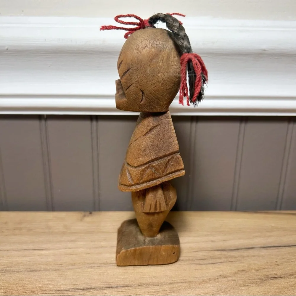 Handcrafted Wooden Folk Art Female Figurine with a Braid African Origin VTG
